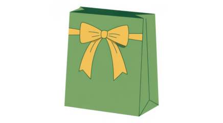 Green gift bag with yellow bow present isolated on a transparent background
