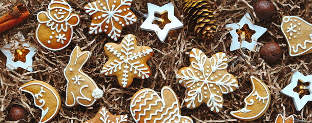 Christmas Gingerbread Cookies Decorative Flatlay. Holiday Baking Overhead Brown Background
