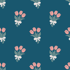 Spring seamless pattern with delicate bouquets with tulips on blue background. Soft floral background in flat style