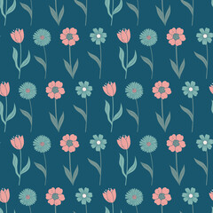 Spring seamless pattern with delicate tulips, daisies and spring flowers on blue background in flat style
