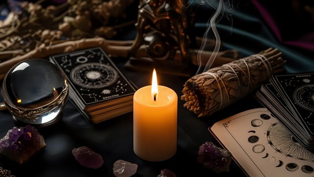 Mystical fortune telling setup with tarot cards, burning candle, crystal ball, sage bundle and gemstones on dark wooden table for spiritual guidance.