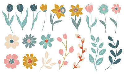 Spring floral set in flat textured style. Vintage inspired flowers for cards posters and branding. Springtime plants clipart