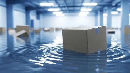 Flooded warehouse with floating boxes and active forklift amid debris