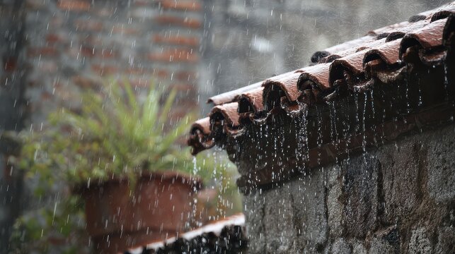 Rainfall on a clay tile roof in a quiet courtyard with plants during a wet afternoon - Powered by Adobe