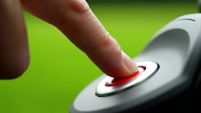 A close-up view capturing a finger pressing a bright red button on a device. A green backdrop adds a contrasting element