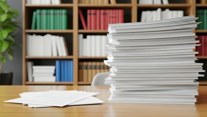 Stack of papers on a desk with a bookshelf in the background