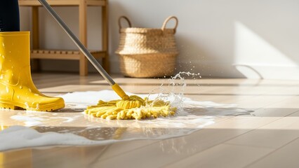 Cleaning the floor with mop in a bright room during daytime