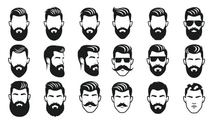 Vector Grid of Male Hairstyles and Beard Styles in Black and White 