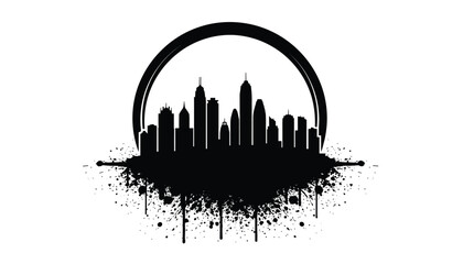 Urban Skyline Vector with Grunge Paint Splash and Rising Sun Arc