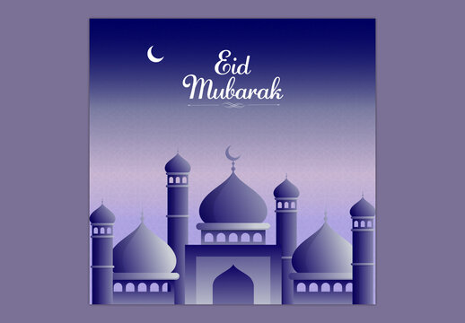Editable Eid Mubarak Social Media Greeting Post Design with Mosque Illustration and Crescent Moon on Gradient Blue Background.