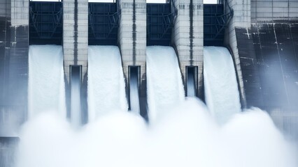 Water flows from dam gates at power plant during a cloudy day
