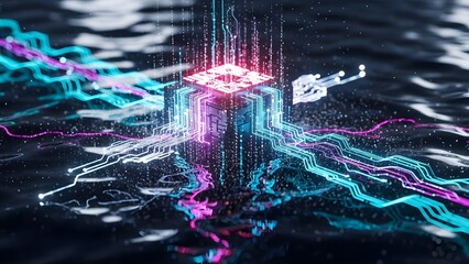 A powerful microchip or CPU concept illuminated with vibrant, glowing light trails representing data flow and connectivity, submerged in a dark, rippling water-like surface.