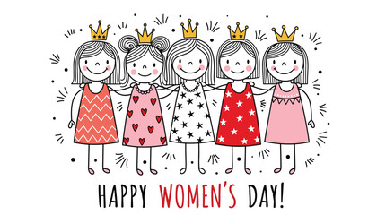 Happy Women's Day Vector with Five Empowered Cartoon Girls 