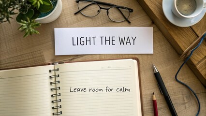 Open notebook with inspirational message and writing tools