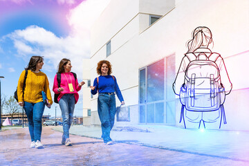 University students walking and talking on campus with sketch of student and backpack
