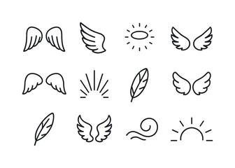 Naklejka premium Angel Wings Icons. Angel wings. Line icon set of angel wings: folded wings, upward wing curve, layered feathers, halo with rays, wing arc shape, light-beam