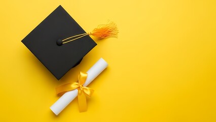 Graduation cap and diploma on yellow background for celebration moments