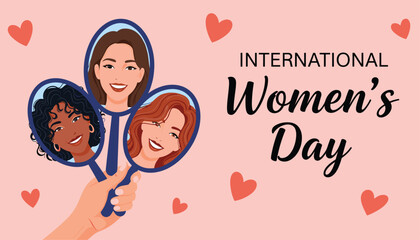 International Women's Day celebration vector with diverse female faces in hand-held mirrors 