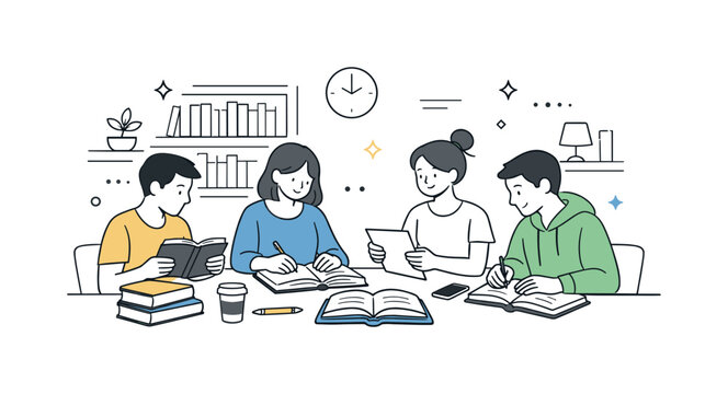 Library Study Group. Library study group. Students sitting around a table in a quiet library sharing books and notes, calm concentration and focused group