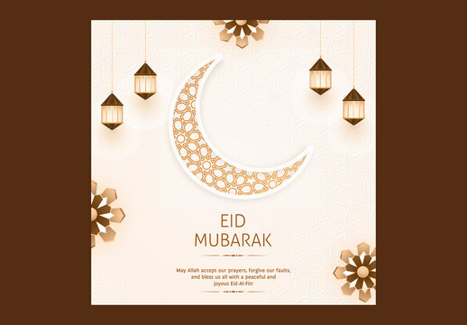 Editable Eid Mubarak Social Media Greeting Post with Crescent Moon and Hanging Lamps on White Islamic Pattern Background.