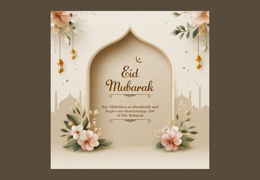 Editable Eid Mubarak Social Media Greeting Post with Golden Crescent Moon, Star, Islamic Arch, Golden Arabic Lamps and Flower Decoration on Silhouette Mosque Beige Background.