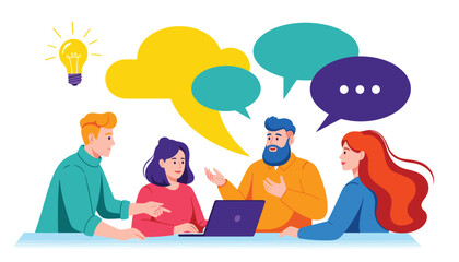 Team Collaboration Around Table &ndash; Group Discussion with Speech Bubbles and Light Bulb Idea Symbol Vector 