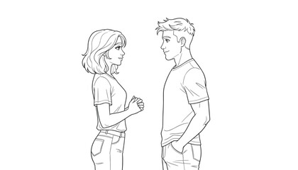 Two People Facing Each Other &ndash; Black and White Line Art of Casual Interaction Scene Vector 