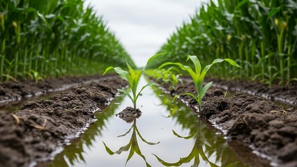 Young corn plants struggle in flooded agricultural field during heavy rain