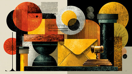 Court newsletter header illustrating judicial updates, public information flow, abstract editorial design