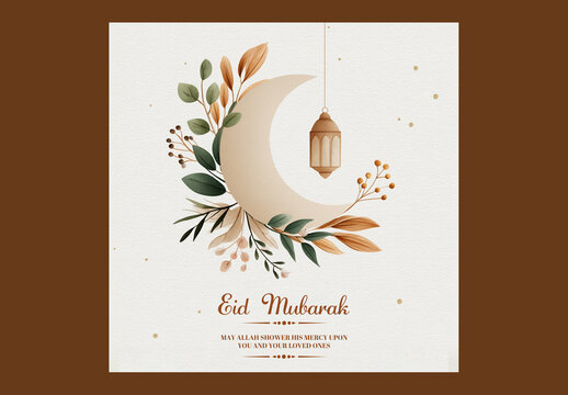 Editable Eid Mubarak Social Media Greeting Post Featuring Crescent Moon Decorated with Leaves and Hanging Arabic Lamp on White Background.