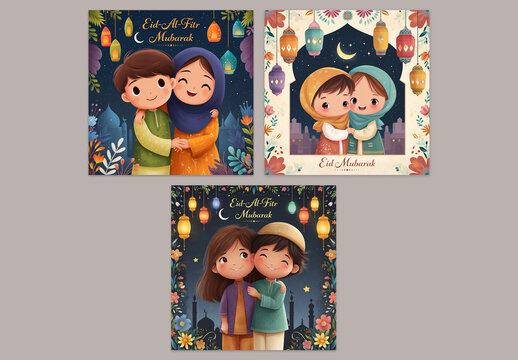 Editable Eid Mubarak Social Media Greeting Post Set with Cute Muslim Children Characters Hugging in Traditional Outfits on Background with Decorative Arabic Lamps.