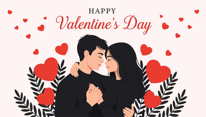 Romantic Couple Illustration with Pink Background &ndash; Valentine&rsquo;s Day Greeting and Heart Decor Vector 