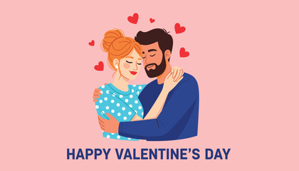 Romantic Love Concept Vector Featuring a Diverse Couple Hugging with Red Hearts on a Soft Pink Background for Holiday Banner 