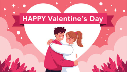 Happy Valentine's Day Romantic Couple Hugging in Front of a Heart Vector Illustration for Greeting Cards and Social Media 