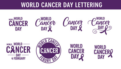 World Cancer Day Lettering Set &ndash; Purple Ribbon Designs and Awareness Typography for February 4 Vector 