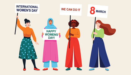 Diverse People Holding Signs for Women&rsquo;s Day &ndash; Empowerment and Celebration in Colorful Style Vector 