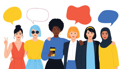 Diverse Women with Speech Bubbles &ndash; Colorful Communication and Unity Theme in Stylized Vector