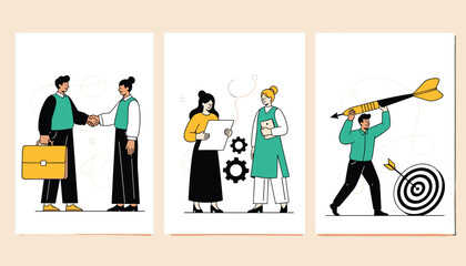 Business Collaboration and Goal Achievement &ndash; Three-Panel Illustration of Teamwork and Strategy Vector 