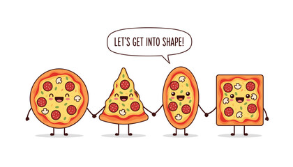 Cartoon Pizza Shapes Holding Hands &ndash; Funny Food Characters Promoting Geometry and Friendship Vector

