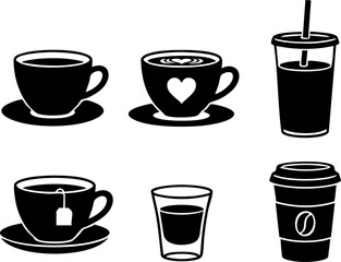 Obraz premium Set of 6 Minimalist Coffee Icons Flat Black Silhouettes Cup Mug Latte Takeaway