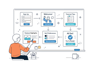 Onboarding Design Blueprint. User onboarding flow design. Designer mapping signup steps and guidance screens, thoughtful planning and clarity. Simple arrows