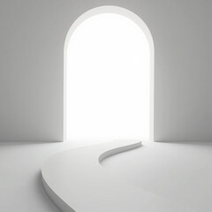 Minimalist White Arched Doorway with Winding Path Toward Bright Light