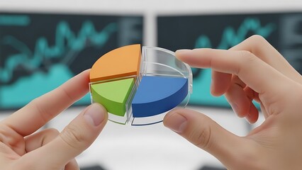 Title Hands Holding a Transparent 3D Pie Chart Segment Against a Background of Financial Data Screens, Concept for Business Analytics, Market Share, and Data Visualization Strategy. AI Generative