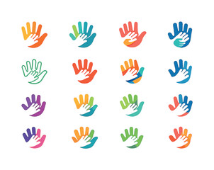 Fototapeta premium Parent-Child Icon Set. Parent-child connection. Icon set. Set Logo of parent-child connection: joined handprints. harmonious logo variations of the same