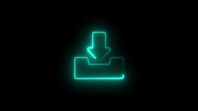 Abstract neon cyan color arrow download symbol on black background. 4k video
