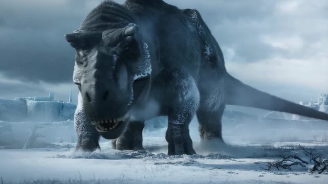 Massive grey Tyrannosaurus Rex dinosaur with scaly skin and sharp teeth walks through a desolate frozen arctic wasteland featuring icy mountains and snow covered ground under a cloudy winter sky.