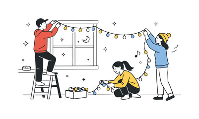 Decorating with Care. Hanging Christmas lights. People carefully placing lights along a wall or window, working together calmly. Cozy seasonal preparation and
