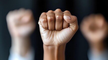 Obraz premium Raised fists in solidarity gesture showing unity and empowerment in protest or activism movement with blurred background of supporters.