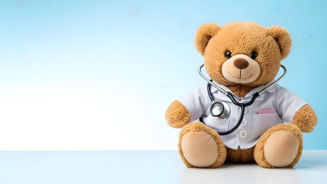 A cute teddy bear wearing a doctor's coat and stethoscope sits on a table