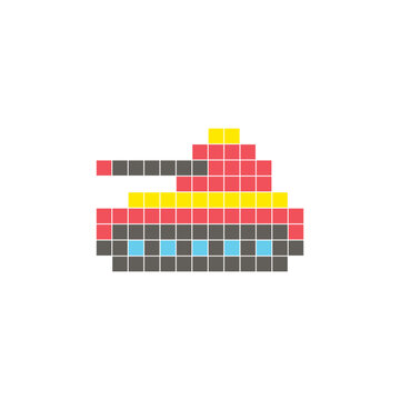 A flat pixel design made of geometric square color blocks on a clean icon layout. Pixel art tank